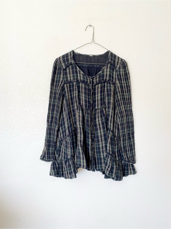 Free People Tops - Free People Green and Black Plaid Babydoll Blouse